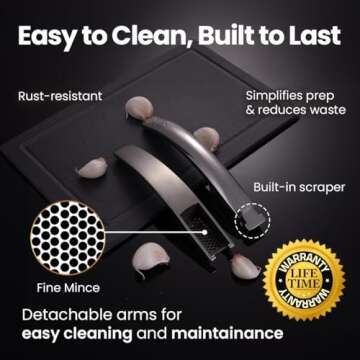 No Peeling Required Garlic Press Stainless Steel with Detachable Handle for Fine Mincing - Premium Garlic Mincer Tool, Rust-Proof, Easy to Clean, Dishwasher Safe Garlic Crusher with 5-Year Warranty