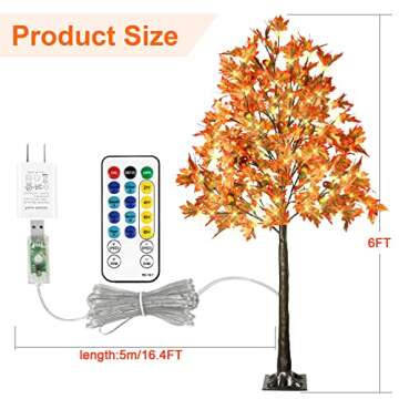6FT 130 LED Lighted Maple Tree - Thanksgiving Decor Artificial Fall Tree with 13 Branches, 13 Acorns 260 Leaves, Remote 8 Flashing Modes, Timing, DC 5V Safe for Outdoor Wedding Party Autumn Decor…