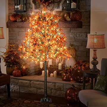 6FT 130 LED Lighted Maple Tree - Thanksgiving Decor Artificial Fall Tree with 13 Branches, 13 Acorns 260 Leaves, Remote 8 Flashing Modes, Timing, DC 5V Safe for Outdoor Wedding Party Autumn Decor…
