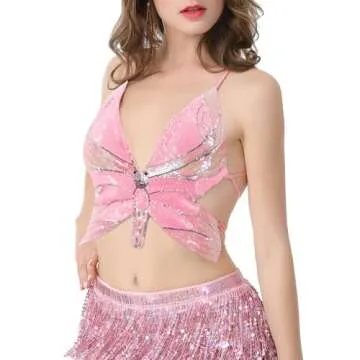 Monanoat Women’s Sexy Butterfly Shape Sequin Crop Top Bandage Lace up Tank Top Belly Dance Top Costume Outfits