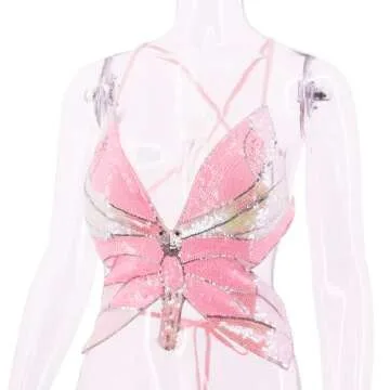 Monanoat Women’s Sexy Butterfly Shape Sequin Crop Top Bandage Lace up Tank Top Belly Dance Top Costume Outfits