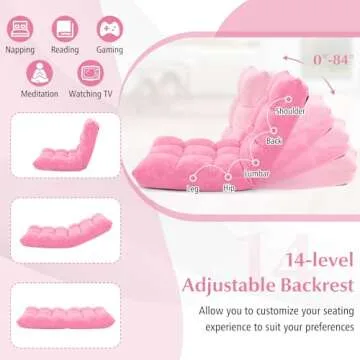 BestComfort Floor Chair with Back Support, Floor Gaming Chairs w/ 14 Adjustable Position, Padded Sleeper Bed, Couch Recliner, Folding Floor Seating for Living Room, Sofa Chair for Adults (Pink)