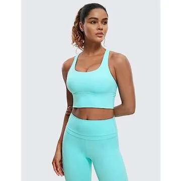CRZ YOGA Strappy Longline Sports Bra - Stylish Medium Support for Yoga and Training - Turquoise Smal...