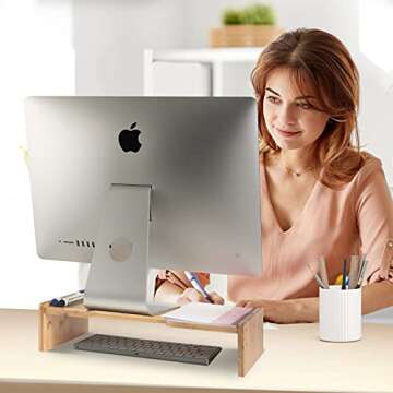 KINLINK Wood Monitor Stand Riser, Monitor Riser with 2 Adjustable Height, 15.8 inch Computer Riser for Computer, iMac, PC, Printer, Computer Monitor Stand for Home & Office, Natural