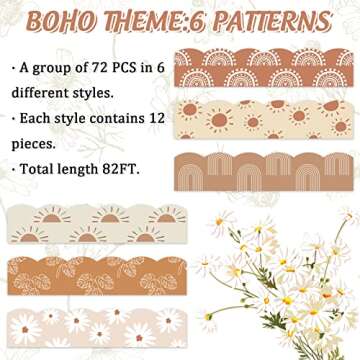 Whaline 82Ft Modern Boho Bulletin Board Borders Boho Decoration Borders Retro Floral Daisy Sun Trim Border Boho Bulletin Board Stickers for School Classroom Office Party Decoration