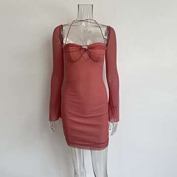 XLLAIS Women Long Puff Sleeve Mini Bodycon Mesh Dress Split Hem Clubwear Party Dress