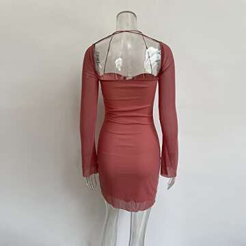 XLLAIS Women Long Puff Sleeve Mini Bodycon Mesh Dress Split Hem Clubwear Party Dress