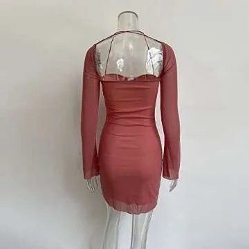 XLLAIS Women Puff Sleeve Mini Bodycon Mesh Dress