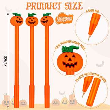 FFNIU 30 Pcs Halloween Pens, Cute Pumpkin Shape Skull Heads Pens, 0.5 MM Bulk Black Rollerball Pen for Halloween Thanksgiving Party Supplies School Office