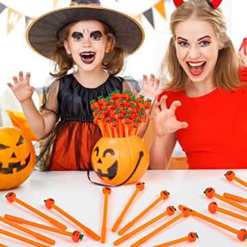 FFNIU 30 Pcs Halloween Pens, Cute Pumpkin Shape Skull Heads Pens, 0.5 MM Bulk Black Rollerball Pen for Halloween Thanksgiving Party Supplies School Office