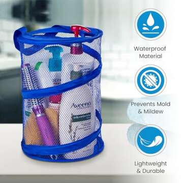 Handy Laundry Foldable Shower Caddy - Collapsible, Portable, Drainage Hole, Carry Handle, Large Compartments. Great Organizer for Camp, Travel, Gym, and Dorm (Blue)