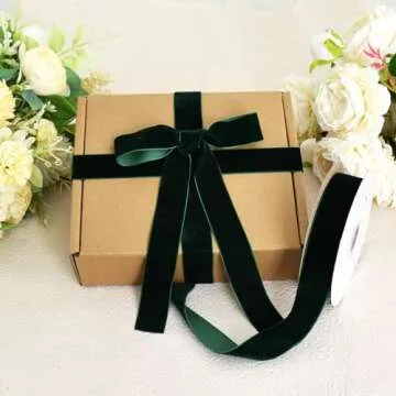 TONIFUL Christmas Green Velvet Ribbon 1 Inch x 25yds, Vintage Velvet Ribbons, for Christmas Wreath Decoration Handmade Craft Ornaments Gift Wrapping & Bow Making, Valentine's Day Bouquet Packaging