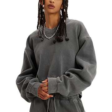 Vintage Style Acid Wash Athletic Hoodies Sweatshirt for Women - Long Sleeve Y2K Crop Pullover