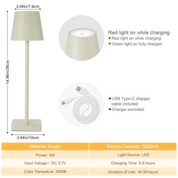 kelary 2 Pack Cordless Table Lamp Rechargeable LED Desk Lamp 5200mAh Battery Operated Stepless Dimmable Portable Table Lights for Dinner/Restaurant/Outdoor Party/Coffee Shop IP54 Waterproof Cream