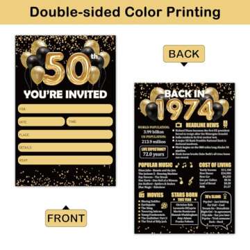 REWIDPARTY Black Gold 50th Birthday Invitations with Envelopes & Stickers（Set of 15） Back in 197...
