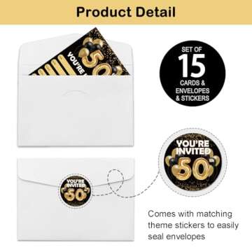 REWIDPARTY Black Gold 50th Birthday Invitations with Envelopes & Stickers（Set of 15） Back in 1974 Fill in Invitations Happy 50th Birthday Invite Cards 50 Years Old Birthday Party Supplies for Adults