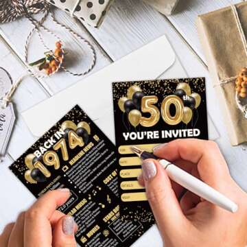REWIDPARTY Black Gold 50th Birthday Invitations with Envelopes & Stickers（Set of 15） Back in 1974 Fill in Invitations Happy 50th Birthday Invite Cards 50 Years Old Birthday Party Supplies for Adults