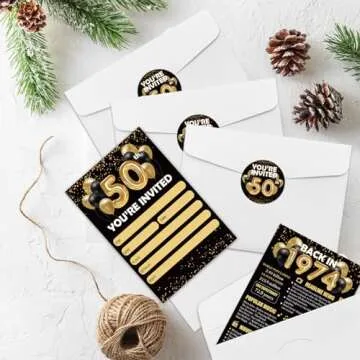 REWIDPARTY Black Gold 50th Birthday Invitations with Envelopes & Stickers（Set of 15） Back in 1974 Fill in Invitations Happy 50th Birthday Invite Cards 50 Years Old Birthday Party Supplies for Adults