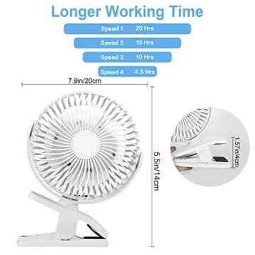 Clip on Stroller Fan, Battery Operated Rechargeable 4000mAh Mini Desk Fan, 4 Speeds Ultra-Quiet Portable Fan For Baby Carriage, Office, Home, Outdoor (White)