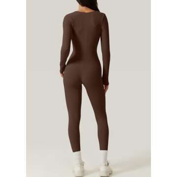 QINSEN Women's Long Sleeve Sexy Square Neck Jumpsuit Bodycon Stretch Fall Outfits Brown S