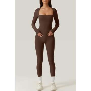 QINSEN Women's Long Sleeve Sexy Square Neck Jumpsuit Bodycon Stretch Fall Outfits Brown S