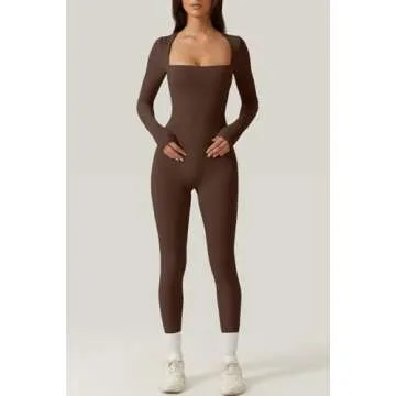 QINSEN Women's Long Sleeve Sexy Square Neck Jumpsuit Bodycon Stretch Fall Outfits Brown S