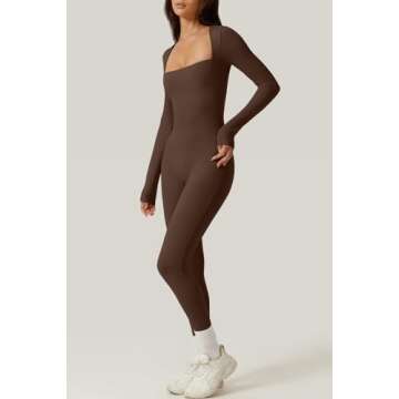 QINSEN Women's Long Sleeve Sexy Square Neck Jumpsuit Bodycon Stretch Fall Outfits Brown S