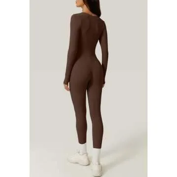 QINSEN Women's Long Sleeve Sexy Square Neck Jumpsuit Bodycon Stretch Fall Outfits Brown S