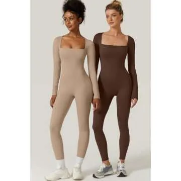 QINSEN Women's Long Sleeve Sexy Square Neck Jumpsuit Bodycon Stretch Fall Outfits Brown S