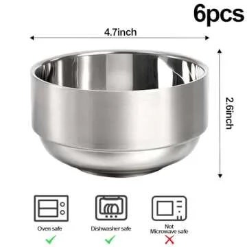 LOSYHU 6 Pack 14 Oz Stainless Steel Soup Bowls Double Walled Metal Snacks Bowls 4.7 Inch Insulated R...