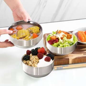 LOSYHU 6 Pack 14 Oz Stainless Steel Soup Bowls Double Walled Metal Snacks Bowls 4.7 Inch Insulated Rice Bowl Multi-Purpose Stainless Steel Bowls for Rice, Noodle, Ice Cream, Matte Finish