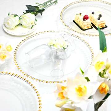 6 Pack 12.6 Inch Clear Plastic Round Charger Plates Table Dinner Charger Plates Clear Round Plates with Beaded Rim for Birthday Party Wedding Events Bridal Shower Dinner Decoration (Gold Bead)
