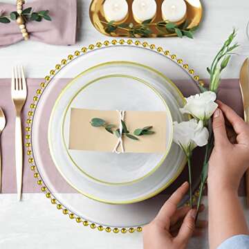 6 Pack 12.6 Inch Clear Plastic Round Charger Plates Table Dinner Charger Plates Clear Round Plates with Beaded Rim for Birthday Party Wedding Events Bridal Shower Dinner Decoration (Gold Bead)