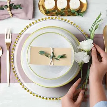 6 Pack 12.6 Inch Clear Plastic Round Charger Plates Table Dinner Charger Plates Clear Round Plates with Beaded Rim for Birthday Party Wedding Events Bridal Shower Dinner Decoration (Gold Bead)