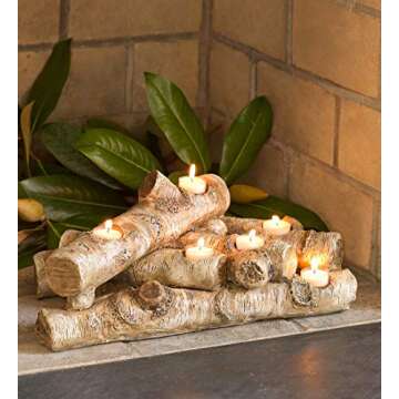 Plow & Hearth Faux Birch Wood Resin Logs Candle Holder for Fireplace | Romantic Ambiance Without Hea...