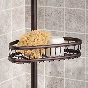 iDesign York Metal Wire Tension Rod Corner Shower Caddy, Adjustable 5'-9' Pole and Baskets for Shampoo, Conditioner, Soap with Hooks for Razors, Towels, Bronze