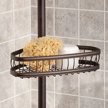 iDesign York Metal Wire Tension Rod Corner Shower Caddy, Adjustable 5'-9' Pole and Baskets for Shampoo, Conditioner, Soap with Hooks for Razors, Towels, Bronze