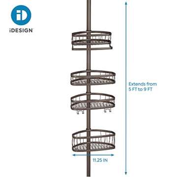 iDesign York Metal Wire Tension Rod Corner Shower Caddy, Adjustable 5'-9' Pole and Baskets for Shampoo, Conditioner, Soap with Hooks for Razors, Towels, Bronze