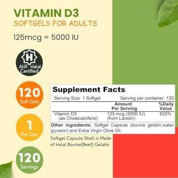 SHIFAA NUTRITION Halal Vitamin D3, 5000 IU Softgels, 120 Servings - Non-GMO and Gluten-Free