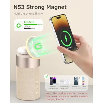 COLSUR Bluetooth Speaker, Magnetic Wireless Charger, Bluetooth Speakers with Night Light, 2 in 1 Wireless Charging Station for iPhone 16/15/14/13/12 Series, AirPods Pro/3/2（Gift Ideal）