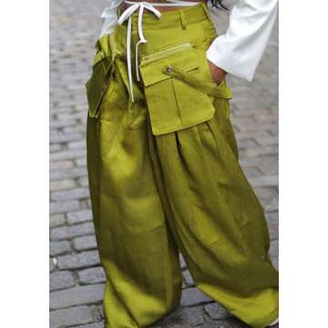 DINGANG High Waisted Wide Leg Cargo Pants Women Flowy Casual Pants with Zippers Pockets