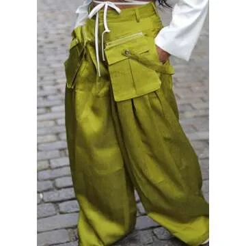 DINGANG High Waisted Wide Leg Cargo Pants Women Flowy Casual Pants with Zippers Pockets