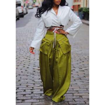 DINGANG High Waisted Wide Leg Cargo Pants Women Flowy Casual Pants with Zippers Pockets