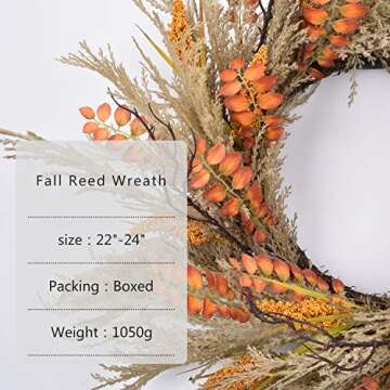 RED DECO Fall Reed Harvest Wreath for Front Door - 22-24 inch Artificial Door Wreaths for Home Farmhouse Wall Decor All Seasons