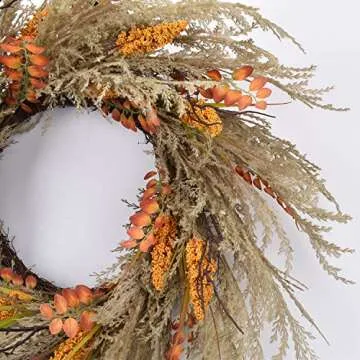 RED DECO Fall Reed Harvest Wreath for Front Door - 22-24 inch Artificial Door Wreaths for Home Farmhouse Wall Decor All Seasons