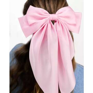 Velscrun 3Pcs Hair Bows for Women Pink Hair Bow Big Hair Bows Clips for Girls Silky Satin Large Hair Ribbons Oversized Long Tail Hair Bows Hair Barrettes Hair Accessories Christmas Gifts