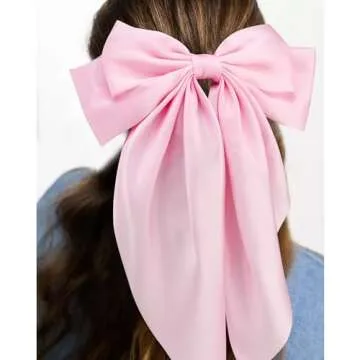 Velscrun 3Pcs Hair Bows for Women Pink Hair Bow Big Hair Bows Clips for Girls Silky Satin Large Hair Ribbons Oversized Long Tail Hair Bows Hair Barrettes Hair Accessories Christmas Gifts