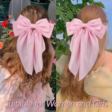 Velscrun 3Pcs Hair Bows for Women Pink Hair Bow Big Hair Bows Clips for Girls Silky Satin Large Hair Ribbons Oversized Long Tail Hair Bows Hair Barrettes Hair Accessories Christmas Gifts