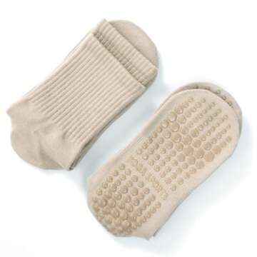 STNFAMILI Non Slip Pilates Yoga Socks with Grips for Women, Non Skid Sticky Socks (2 Pairs - Beige)