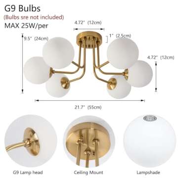 Hoengles Modern Semi Flush Mount Ceiling Light,Gold White Glass Shade Semi Ceiling Light 6-Light,Spu...